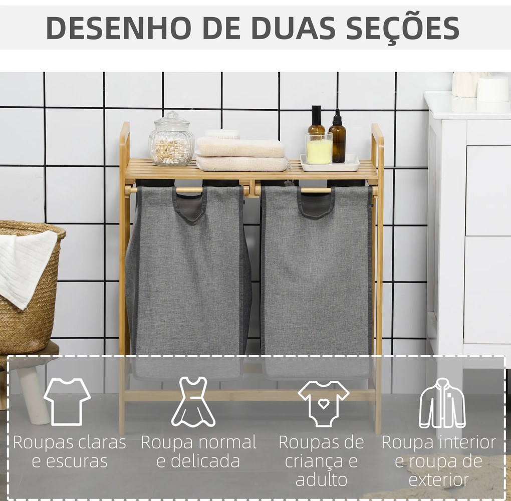 Cesto de Roupa de Bambu para Lavandaria com 2 Bolsas Amovíveis e Prateleira 63,5x33x73 cm Madeira e Cinza