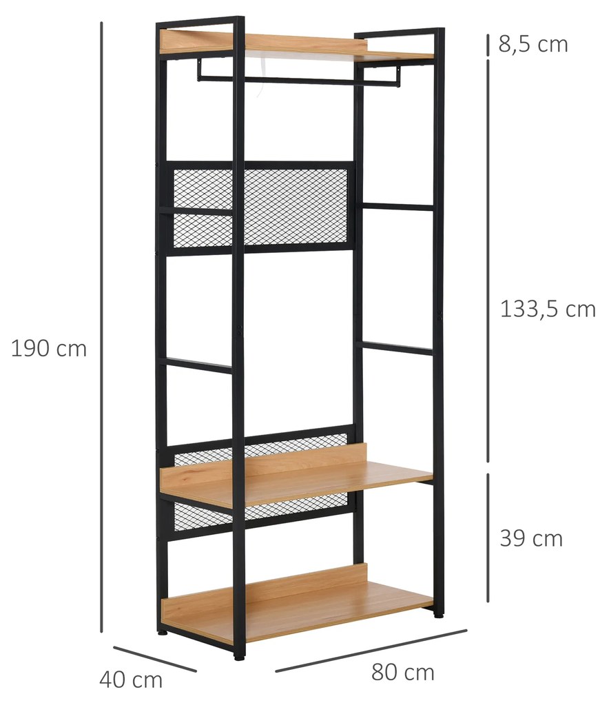 HOMCOM Cabide de entrada 2 em 1 com várias prateleiras e barra para pendurar para corredor Quarto sala de estar 80x40x190 cm Madeira natural preta
