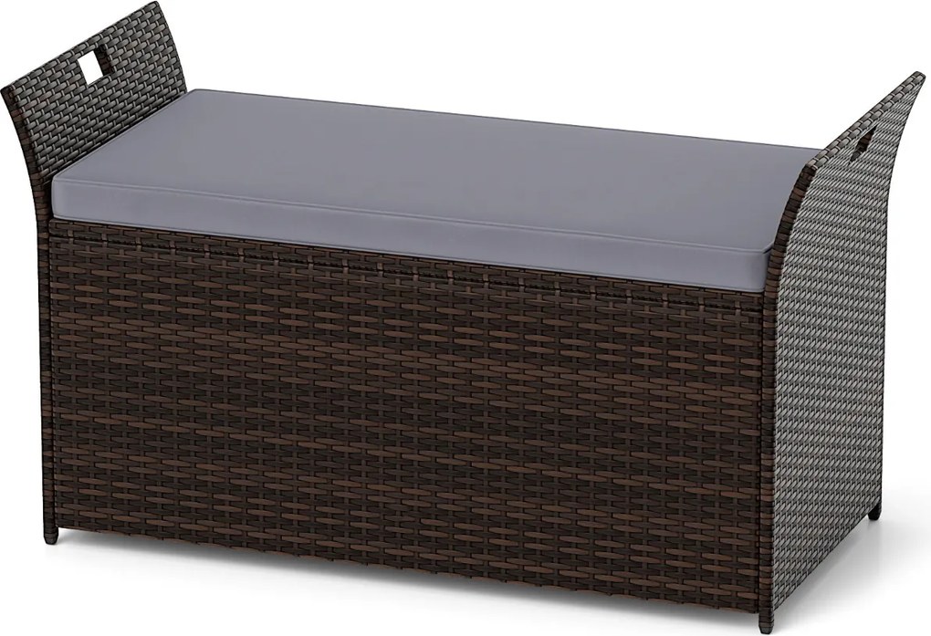 Banco jardim com arrumação para exterior com almofada de rattan PE e pegas laterais para 2 pessoas Caixa de piscina Terraço Jardim Castanho Rústico +