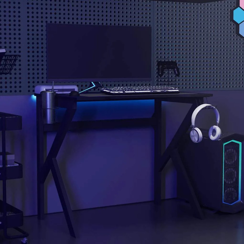 Secretária de gaming c/ pernas em forma de K 90x60x75 cm preto