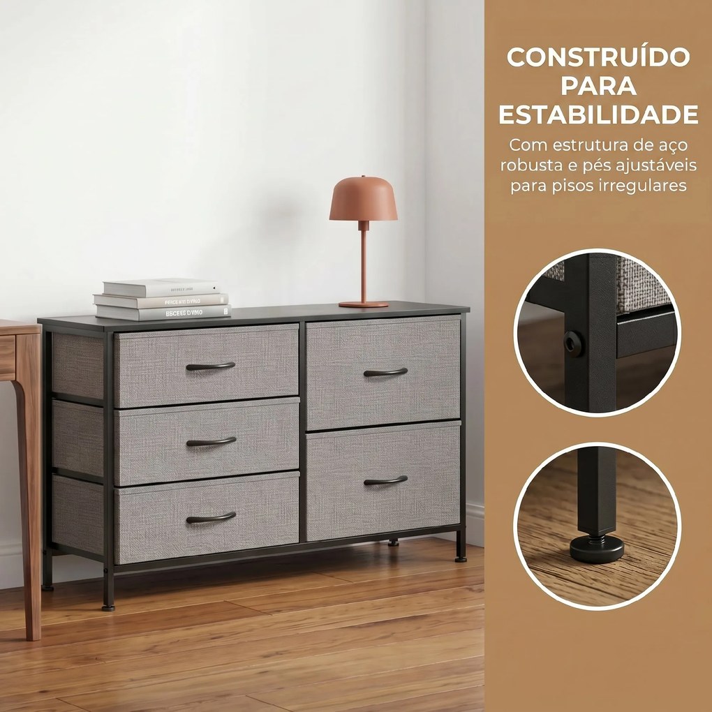 Cómoda com 5 Gavetas de Tecido com Estrutura de Aço Para Sala Escritório 100x30x53 cm Preto e Cinza Escuro