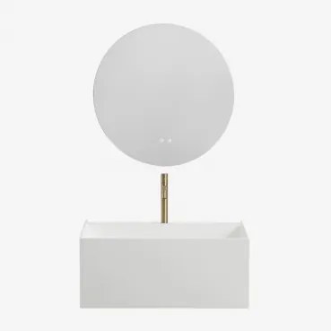 Conjunto De Móvel De Casa De Banho Suspenso Em Resina Com Lavatório Integrado E Luz Led Nerine Branco & Redondo Led E Anti-embaciamento - Sklum