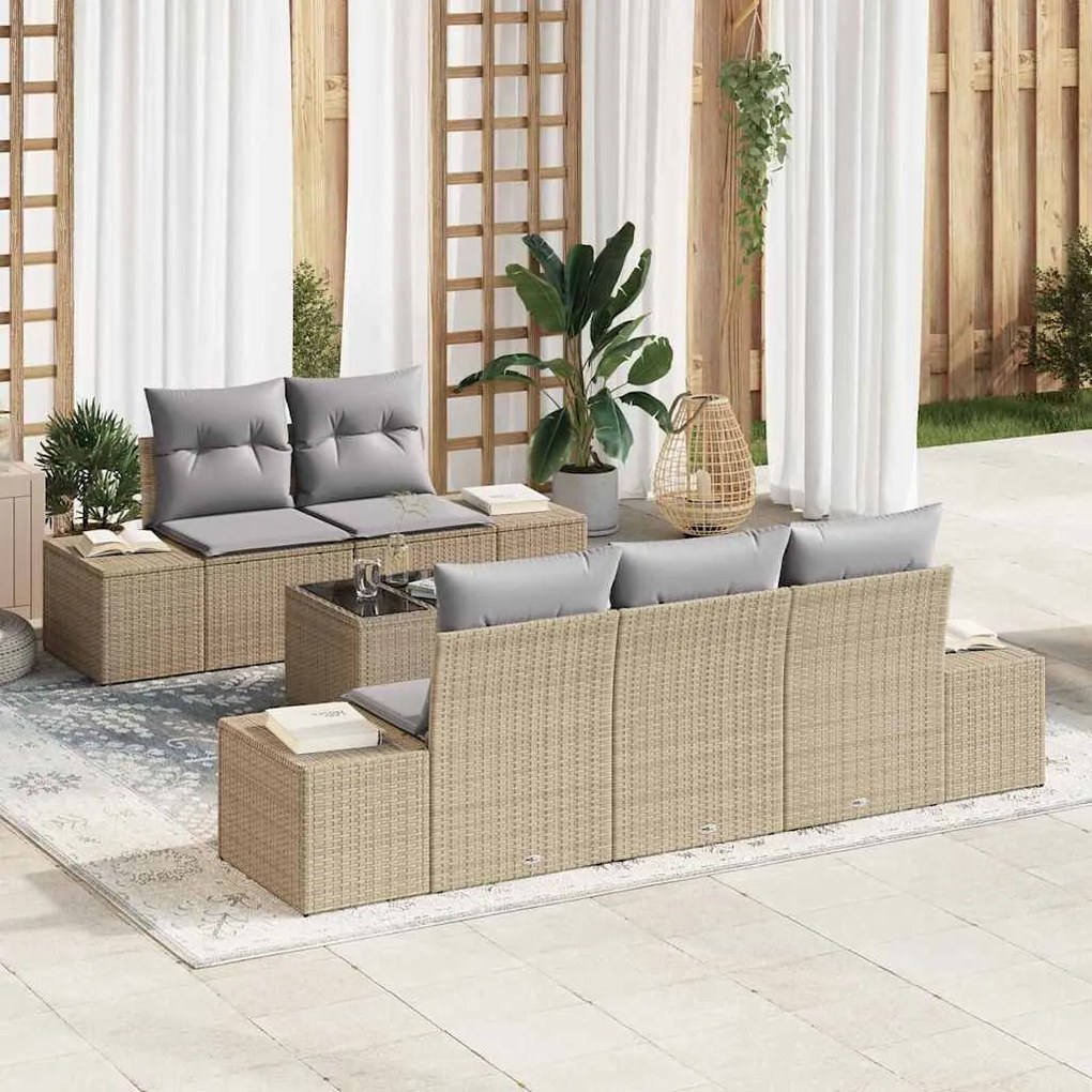 vidaXL Conjunto de Sofá de Jardim com almofada 6 pcs Bege vime PE