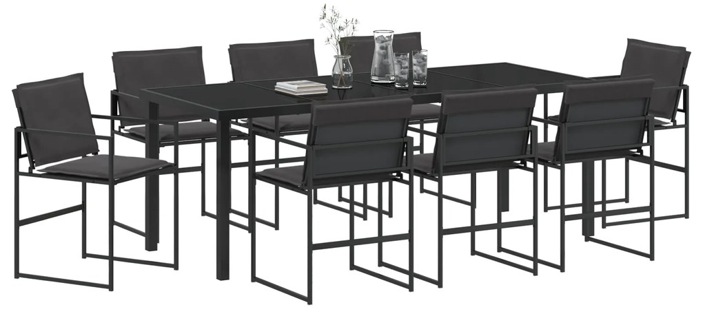 Conjunto de Jantar de 9 Peças para Jardim com Almofadas Preto Textilen