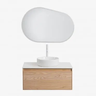 Conjunto De Móveis De Banheiro Em Madeira Tedrik Ash Castanho Fresno & Cerâmica Redonda Branca Ø40 Cm Lenka & Oval Led E - Sklum