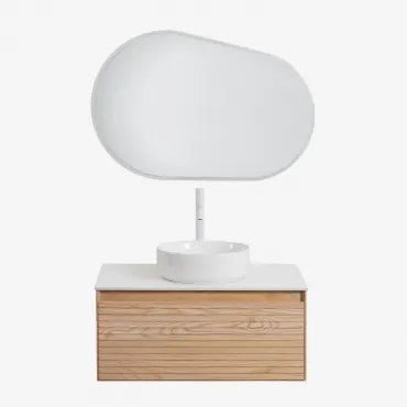 Conjunto De Móvel De Casa De Banho Suspenso Em Madeira De Freixo Tedrik Castanho Fresno & Cerâmica Redonda Branca Ø40 Cm Lenka & - Sklum