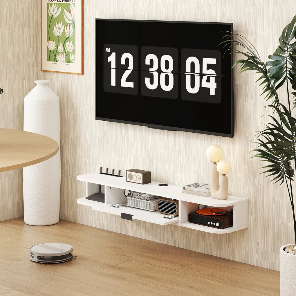 Móvel de TV suspenso, móvel para televisores até 50 polegadas, com gaveta rebatível e 2 prateleiras, 120 x 24 x 16 cm, branco