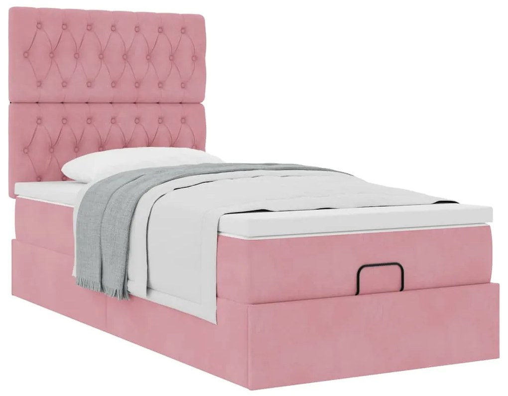 Estrutura de cama otomana com colchões rosa 90x200cm veludo