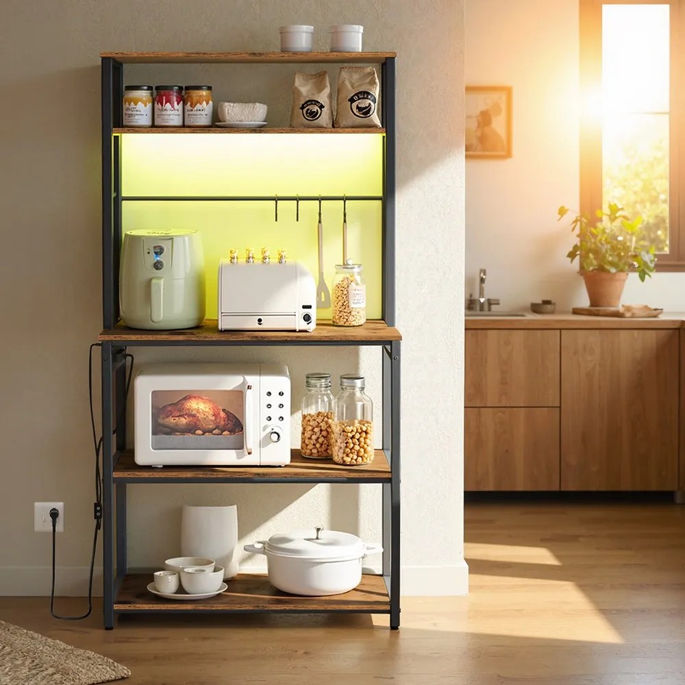 Armário de cozinha com iluminação LED 40 x 80 x 168,4 cm, com tomadas e prateleiras ajustáveis castanho-preto
