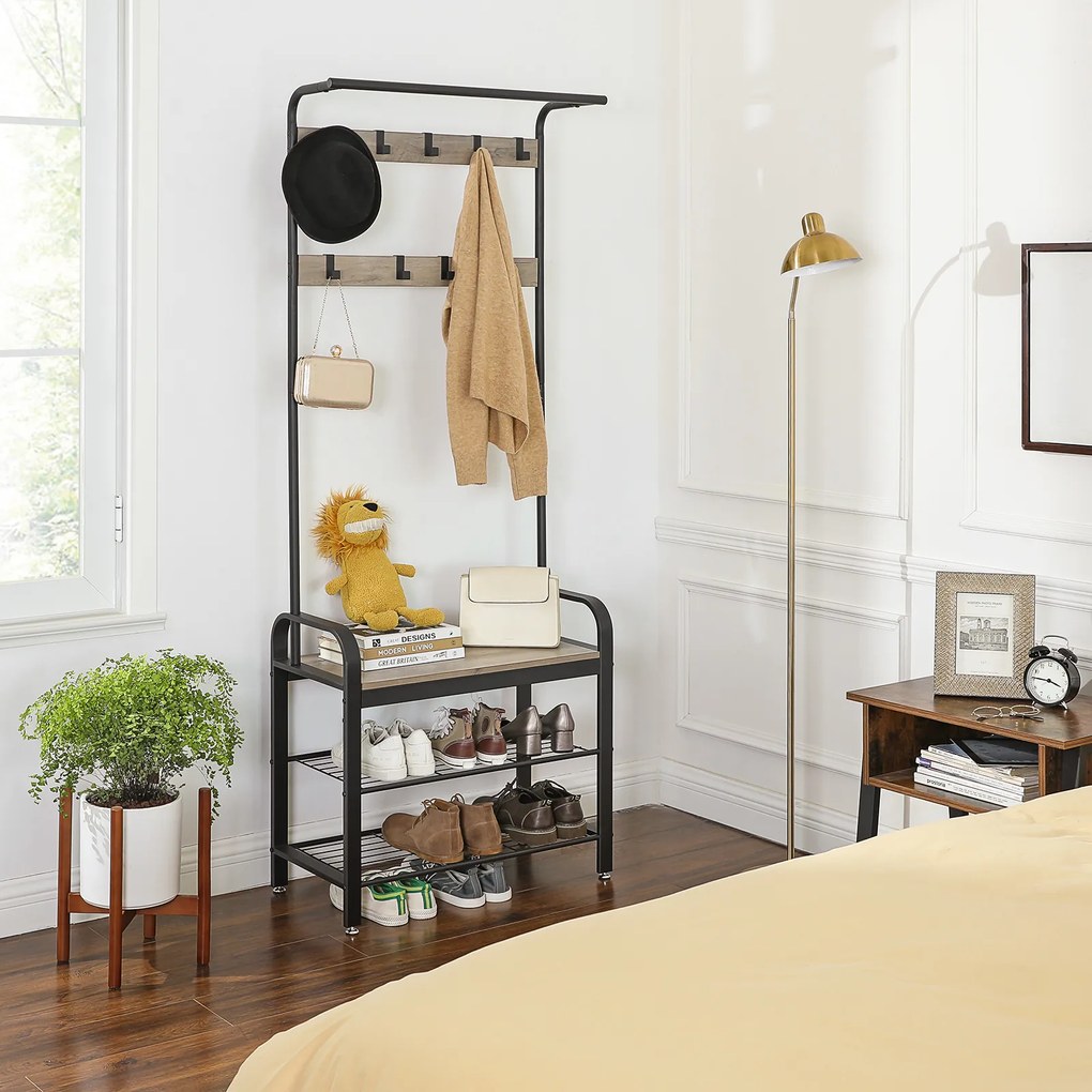 Cabide Bengaleiro entrada Hall com banco e sapateira 33,7 x 72 x 183 cm preto-greige