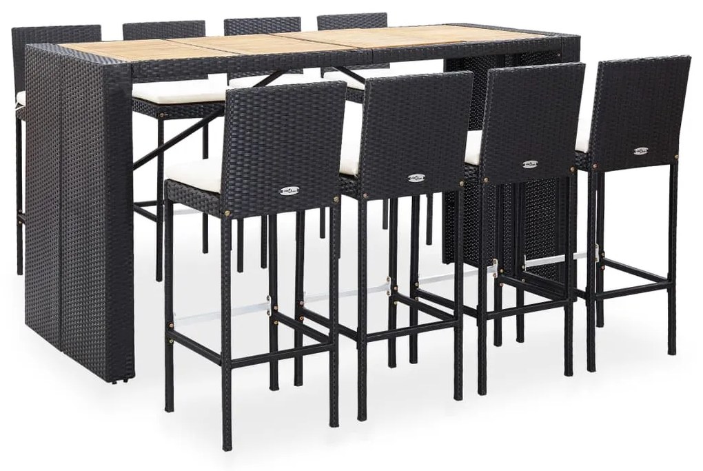 vidaXL 9 pcs conjunto de bar jardim vime PE e madeira acácia preto
