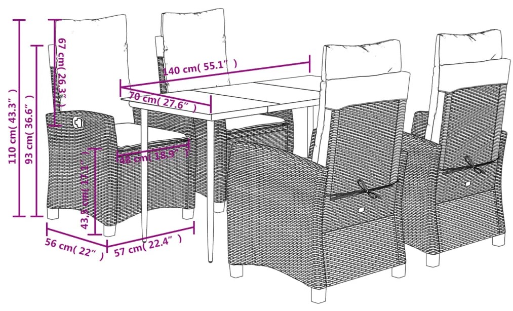 5 pcs conjunto de jantar p/ jardim c/ almofadões vime PE cinza