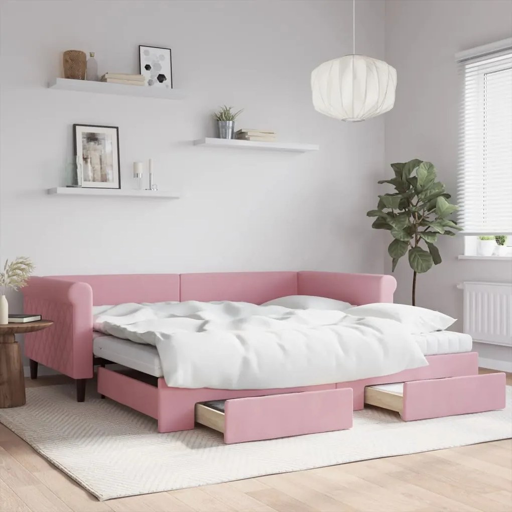 Sofá-cama com gavetão e gavetas 100x200 cm veludo rosa