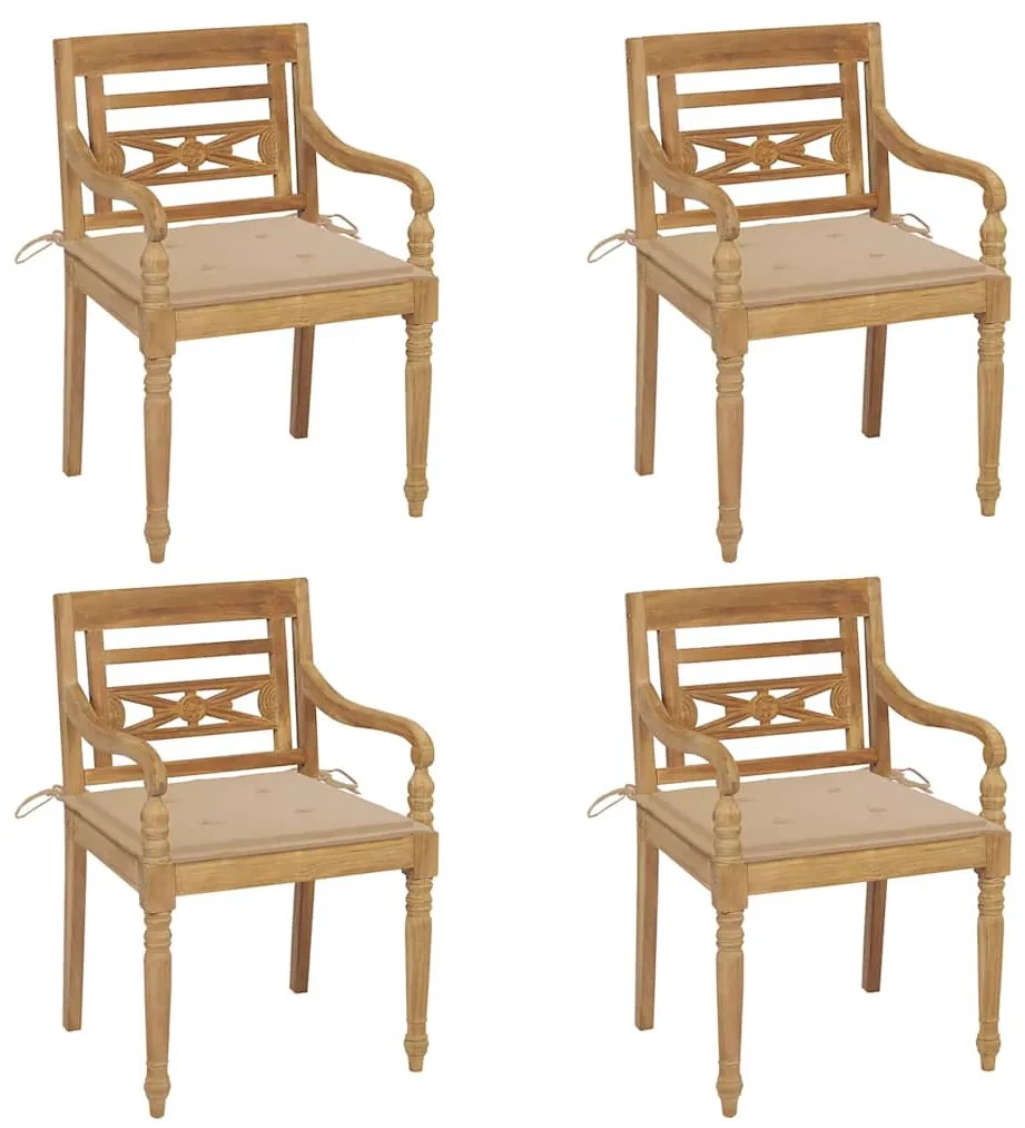 vidaXL Cadeiras Batávia com almofadões 4 pcs madeira de teca maciça