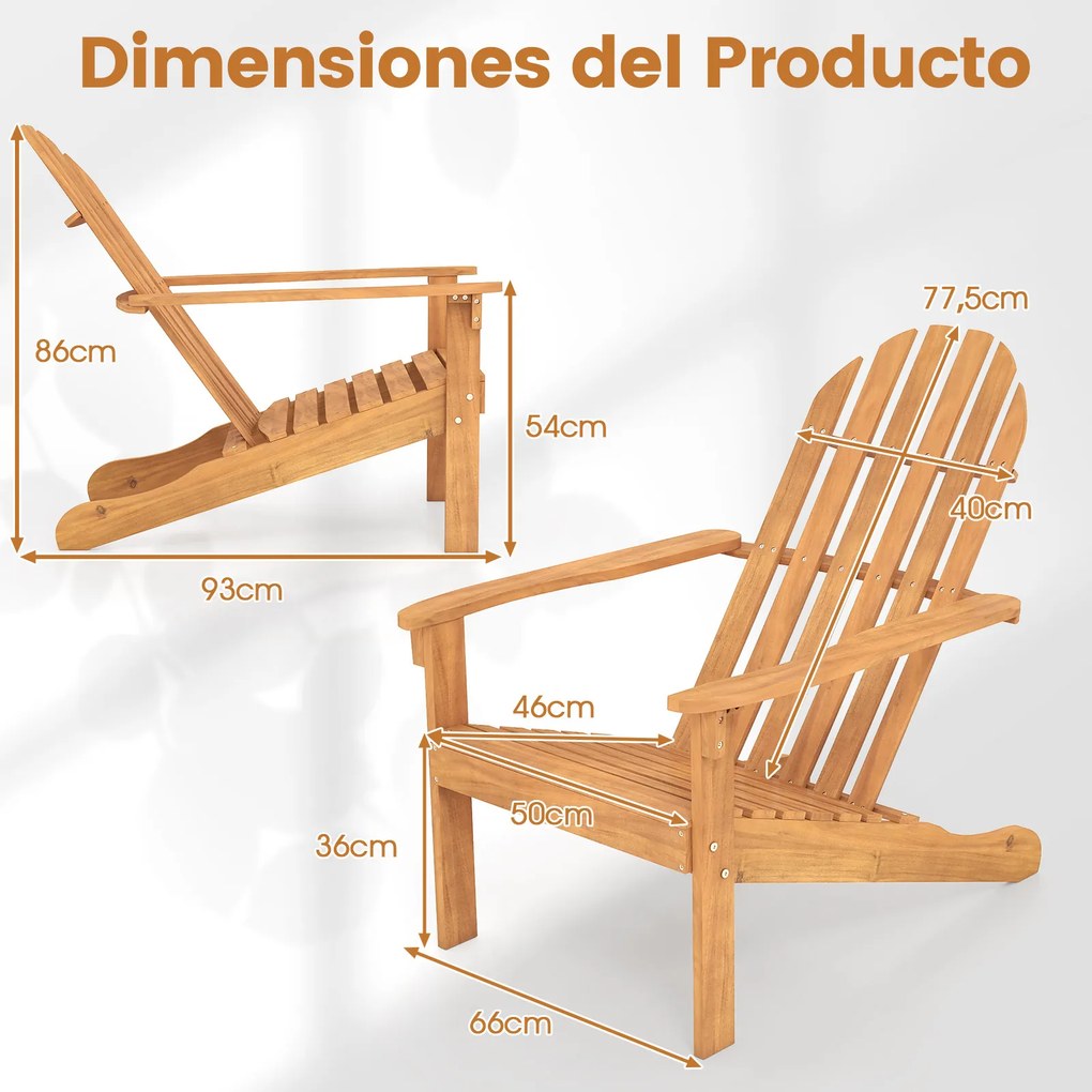 Conjunto de 2 Cadeiras Adirondack para Exterior (MESA NÃO INCLUIDA), 93 x 66 x 86 cm, Madeira Maciça de Acácia, Natural