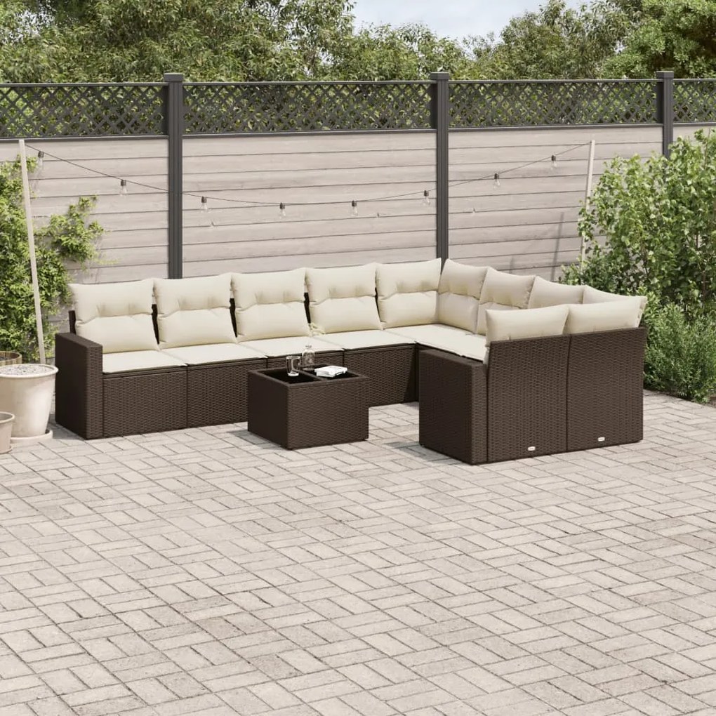 vidaXL 10 pcs conj. sofás jardim com almofadões vime PE castanho