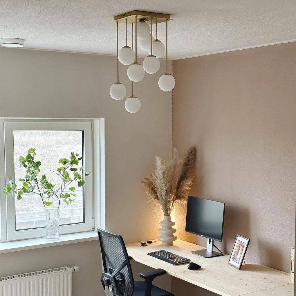 Candeeiro de teto moderno dourado com vidro opalino 9 luzes - Athens