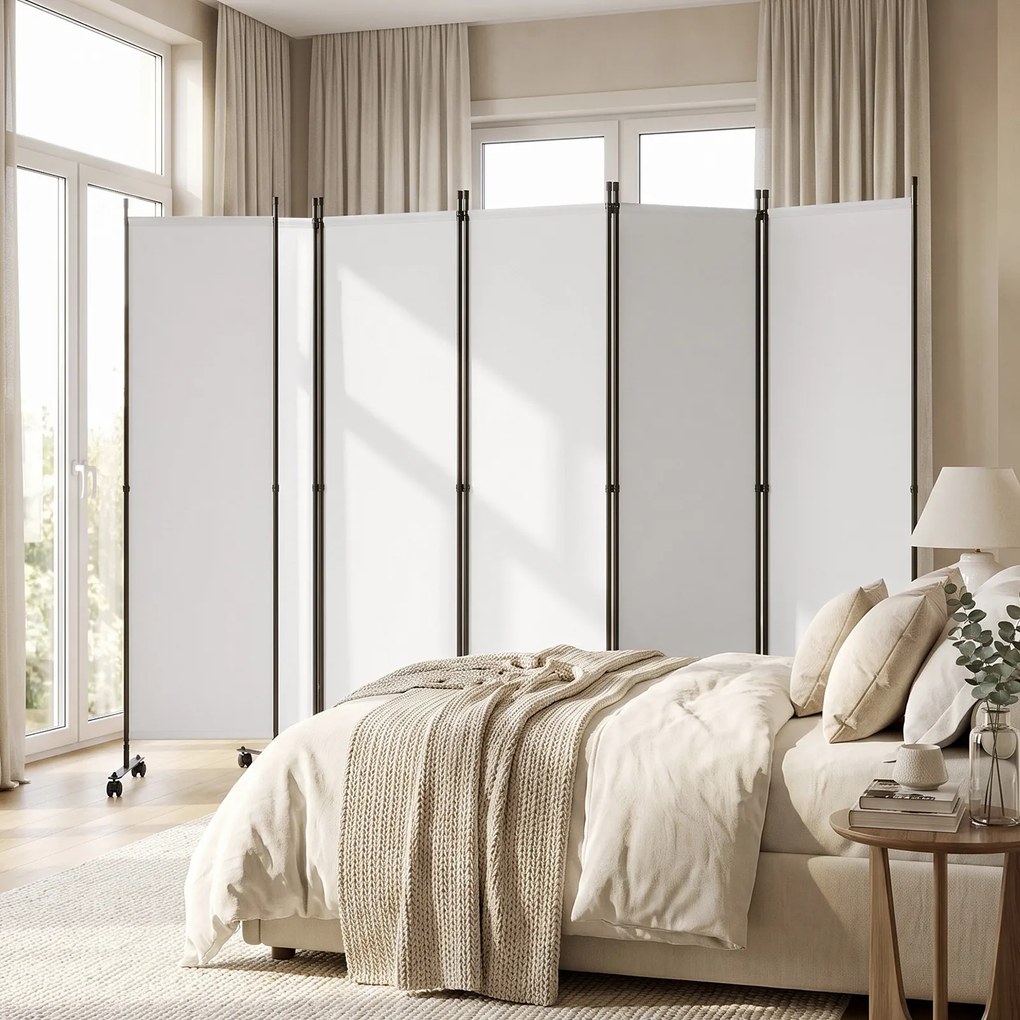 Biombo Separador de Espaço Dobrável de 6 Painéis, 331,5 x 35,5 x 173 cm, Rodas com Travão, Branco