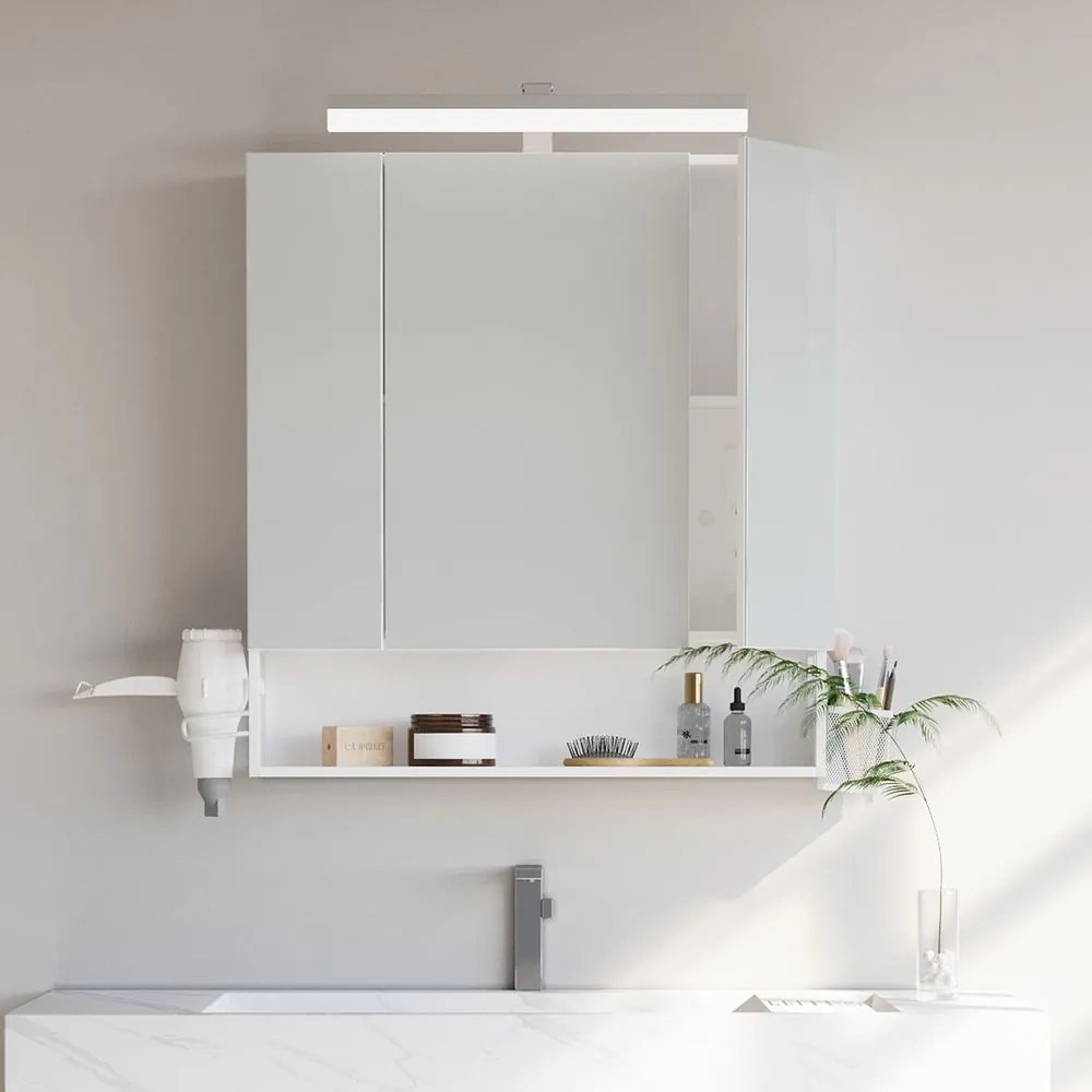 Armário de casa de banho parede com iluminação LED e tomadas 16,5 x 70 x 75 cm branco