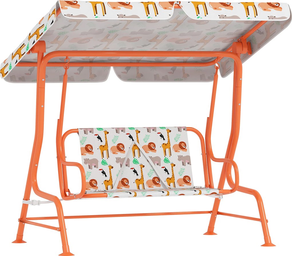 AIYAPLAY Baloiço Infantil Exterior 2 Lugares com Toldo Ajustável e Cintos de Segurança, Baloiço para Jardim e Interior em Aço e Oxford, Máx 60 kg, 112x75x120 cm, Laranja | Aosom Portugal