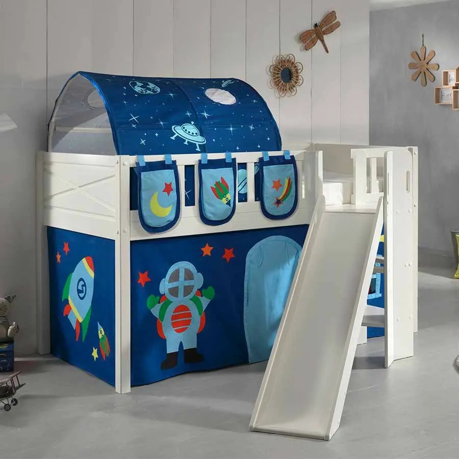 Conjunto cama Infantil SCOTT + escorrega + cortina de brincar ASTRO + Túnel + 3 bolsos de arrumação Branca