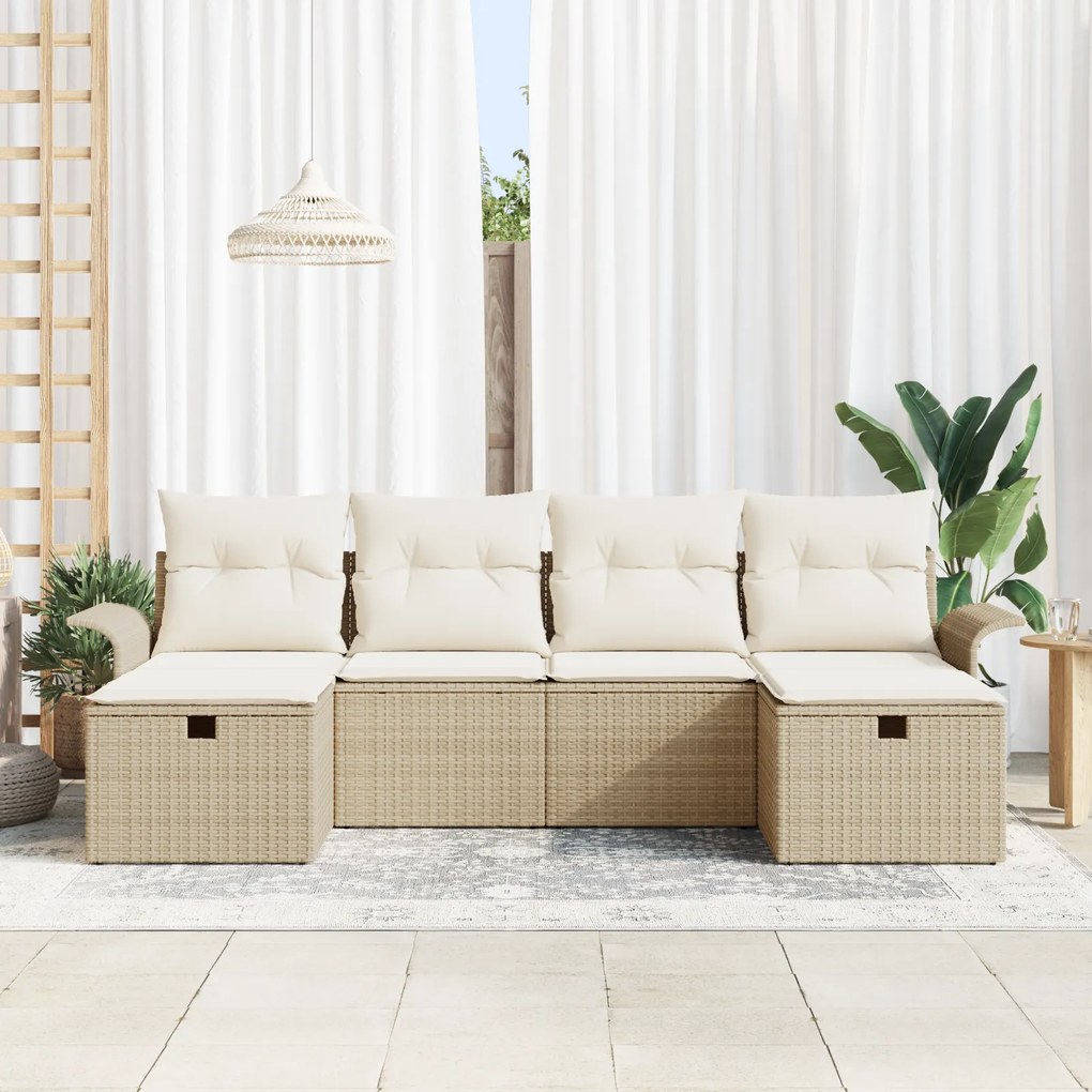 Conjunto de Sofá de Jardim de 6 Peças com Almofadas Bege Rattan Poliés