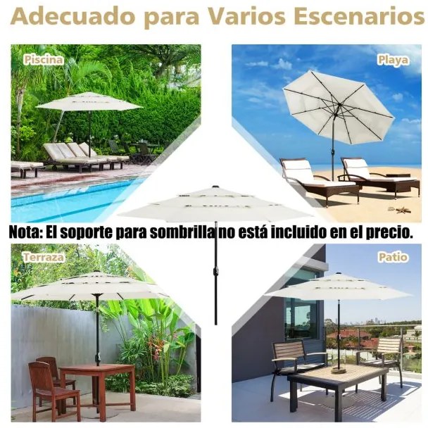 Guarda-sol jardim 3 m de 3 camadas de com ventilação dupla (BASE NÃO INCLUIDA), inclinação, botão de pressão, manivela manual e 8 varas Bege