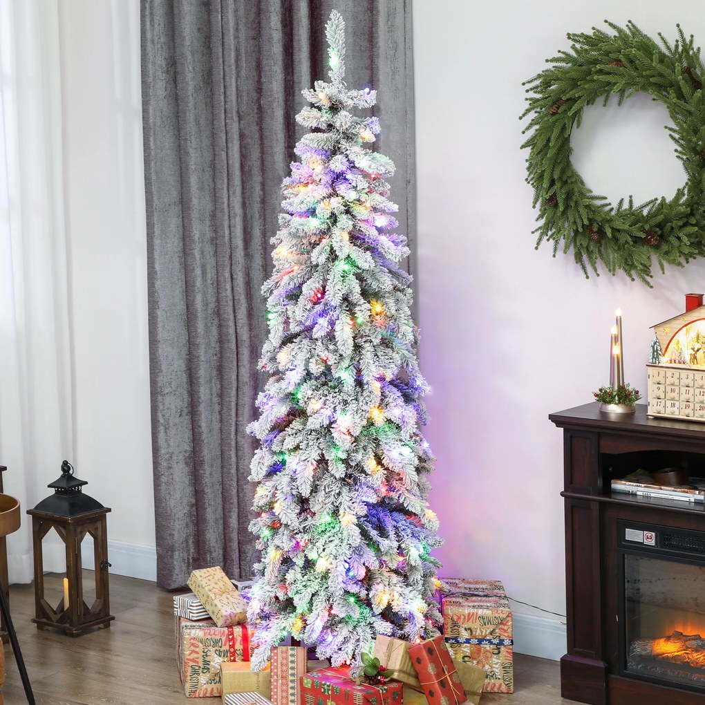 Árvore de Natal Estreita 180 cm Árvore de Natal efeito neve com Luzes LED Temporizador 11 Modos de Iluminação Verde