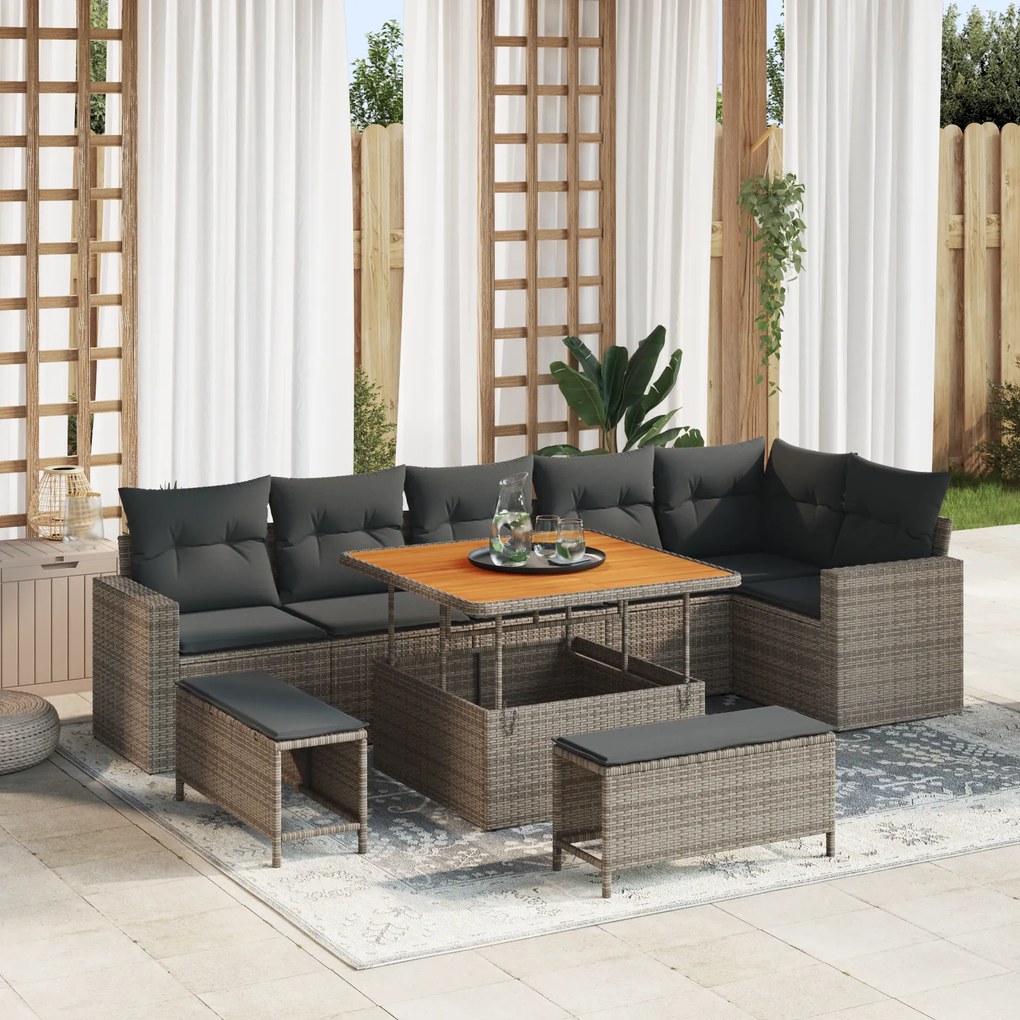 Conjunto de Sofá de Jardim de 9 Peças com Almofadas Cinza Rattan Polié