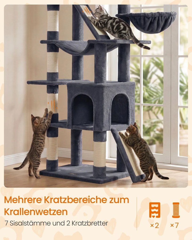 Arranhador para gatos para arranhar XXL com placas para arranhar e sisal, 55 x 45 x 206 cm, cinzento escuro