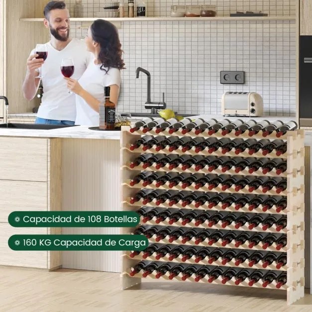 Garrafeira modular empilhável para 108 garrafas de vinho de 9 níveis para adega de cozinha Wine Bar Natural