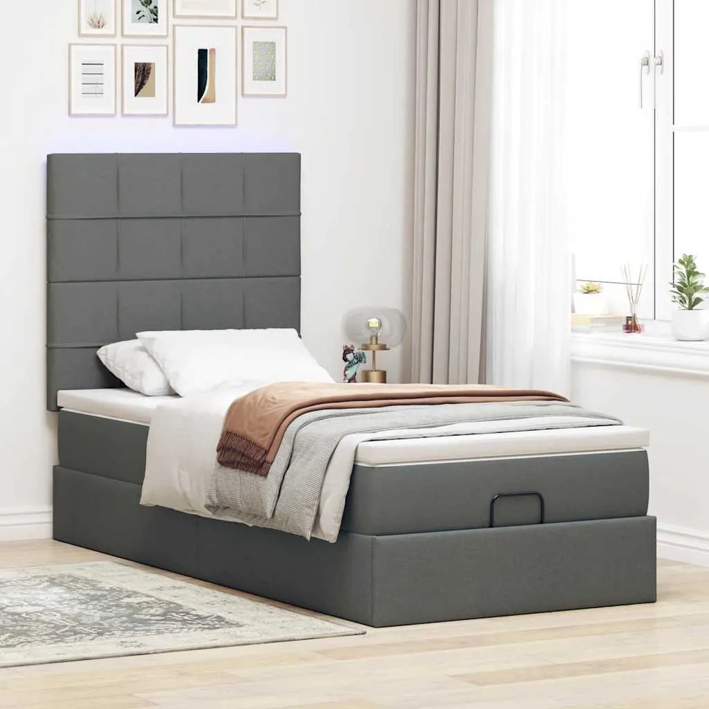 Cama otomana com colchão & LEDs 90x200cm tecido cinzento escuro