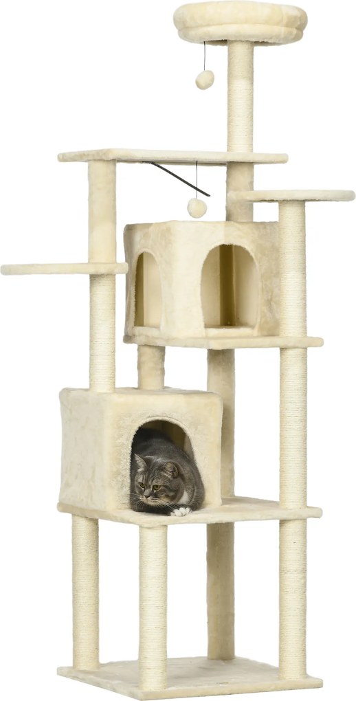 PawHut Árvore para Gato Torre de Escalada Arranhador Altura 171 cm com 2 Tocas 6 Plataformas 2 Pompons Suspensos Bege | Aosom Portugal