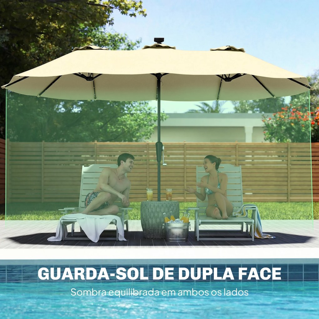 Chapéu de Sol Duplo com 36 Luzes LED Solares 4x2 m Manivela UPF50+ Chapéu de Sol para Jardim Bege