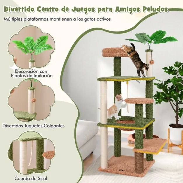 Arranhador para gatos 152 cm com postes de sisal Plataformas de salto Centro de actividades verde + castanho