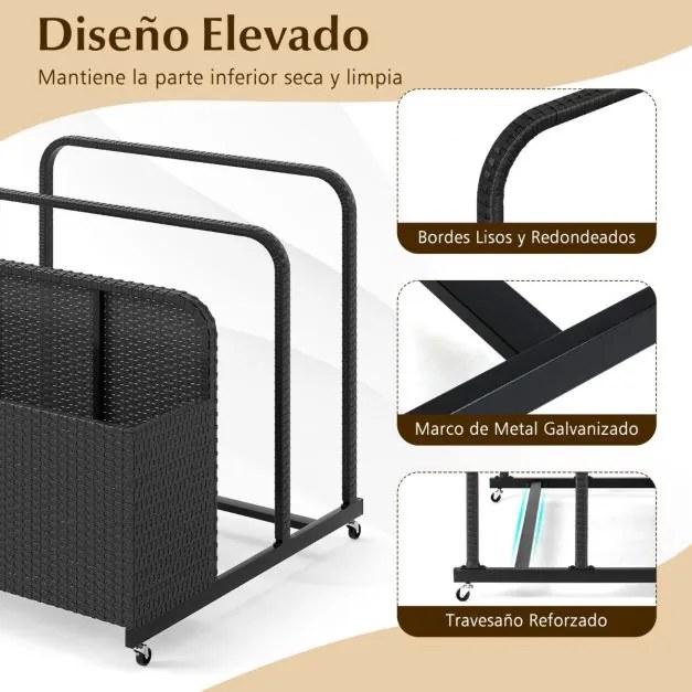 Organizador de armazenamento 100 cm x 100 cm x 94 cm Exterior para boias de piscina em vime para exterior Cesto caddy com rodas Preto