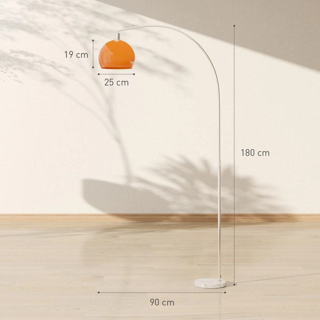 Candeeiro de chão em forma de arco com interruptor de pé, em mármore, metal e plástico, 26x90x180 cm, branco e laranja