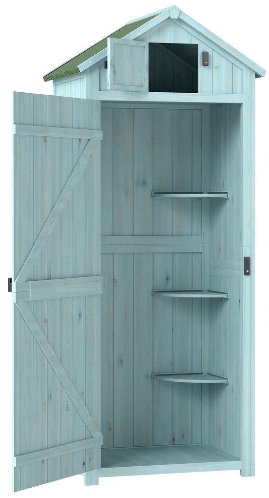 Outsunny Armário de Jardim de Madeira 77x54,2x179 cm 0,3 m² Armário de Armazenamento com 3 Prateleiras e 2 Portas Azul Claro | Aosom Portugal