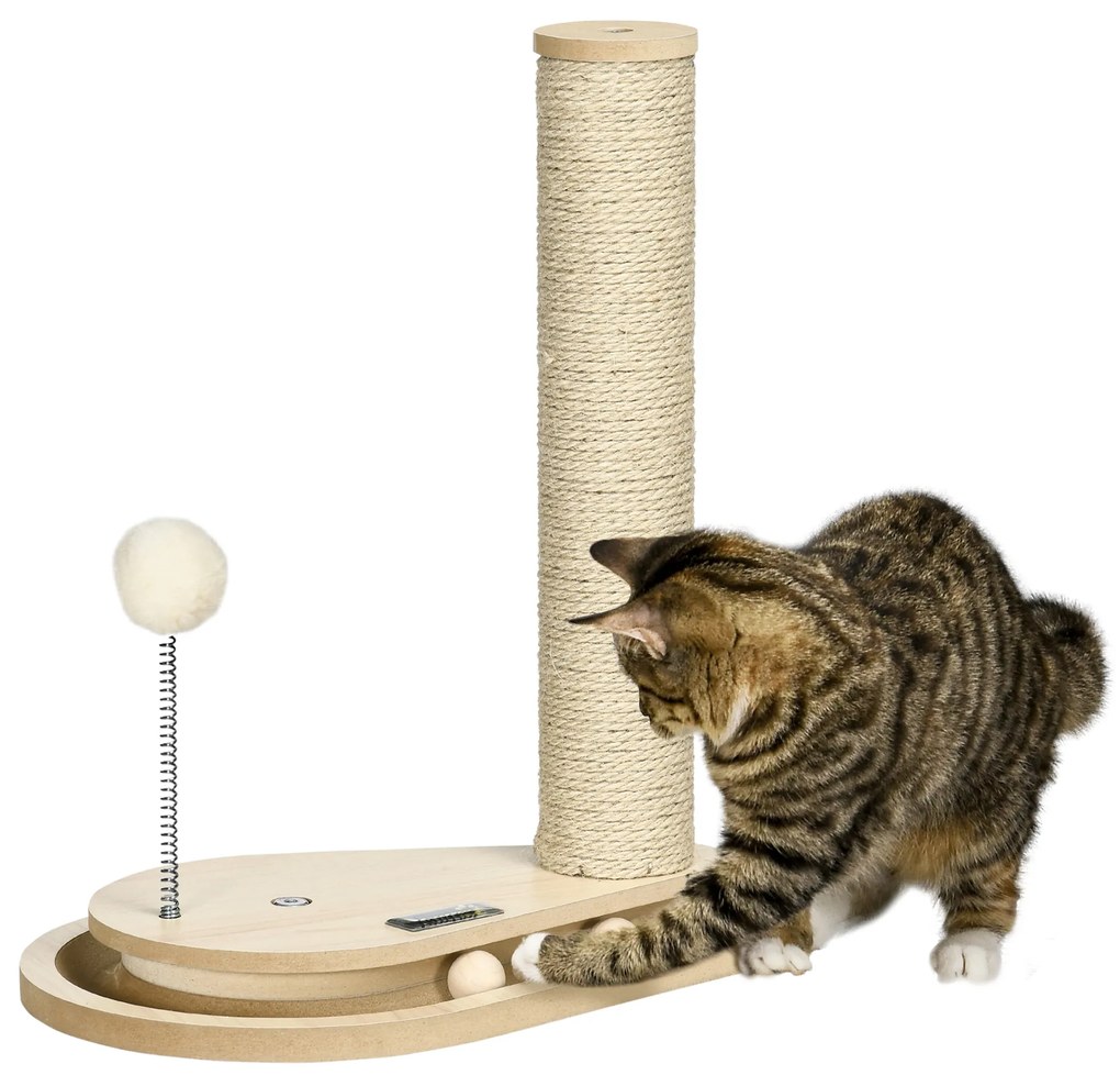 PawHut Arranhador para Gatos 40 cm Torre para Gatos com Poste de Arranhar Bola com Mola e Bolas na Base 35x23x40 cm Carvalho