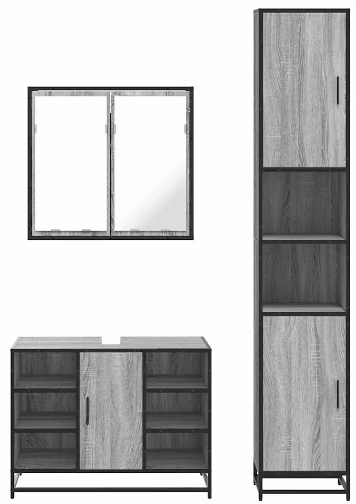 3 pcs Conjunto móveis casa de banho madeira proc. cinza sonoma