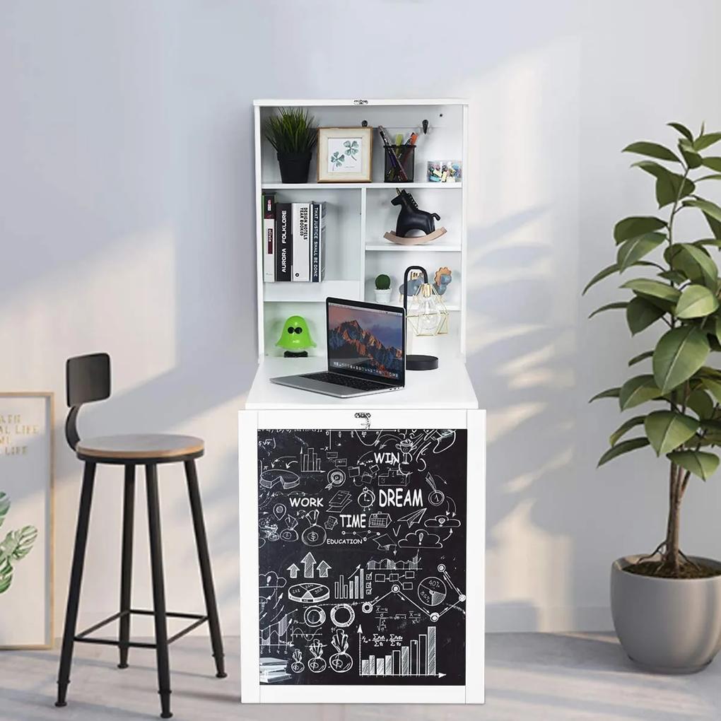 Mesa Computador de Parede Dobrável com Prateleira de Madeira de Quadro Branco 75 x 60 x 15,5 cm Branco