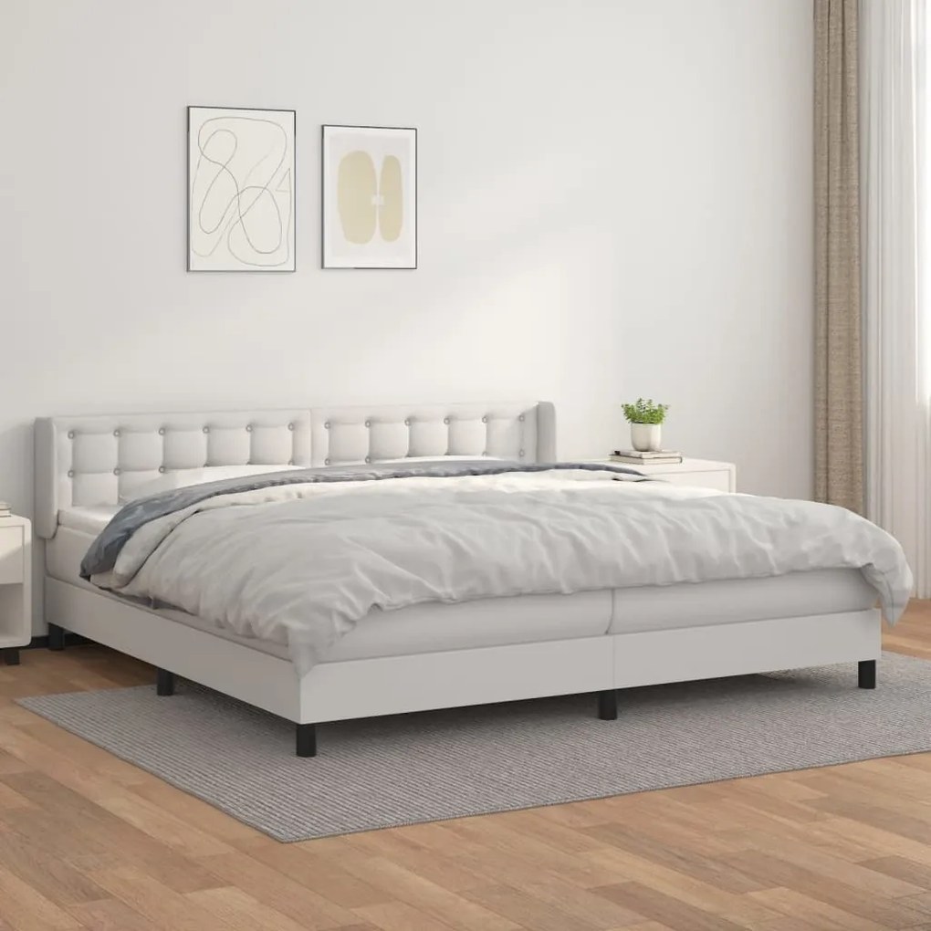 Cama com molas/colchão 200x200 cm couro artificial branco