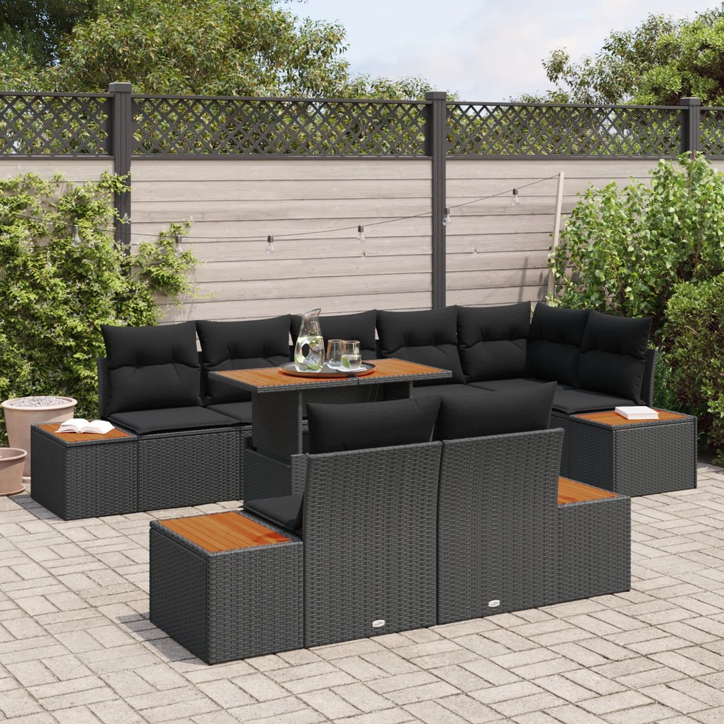 Set de Jardim de 9 Peças com Almofadas Preto Rattan Sintético Acácia