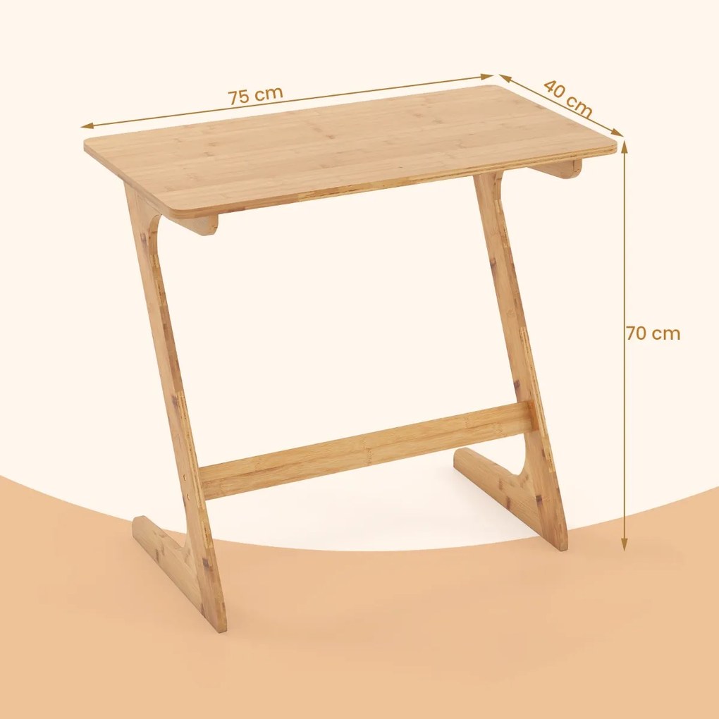 Mesa Auxiliar de Bambu para Sofá 75 cm x 40 cm x 70 cm com Ampla Superfície Secretária para Portátil que Economiza Espaço Montagem Rápida de Aperitivo