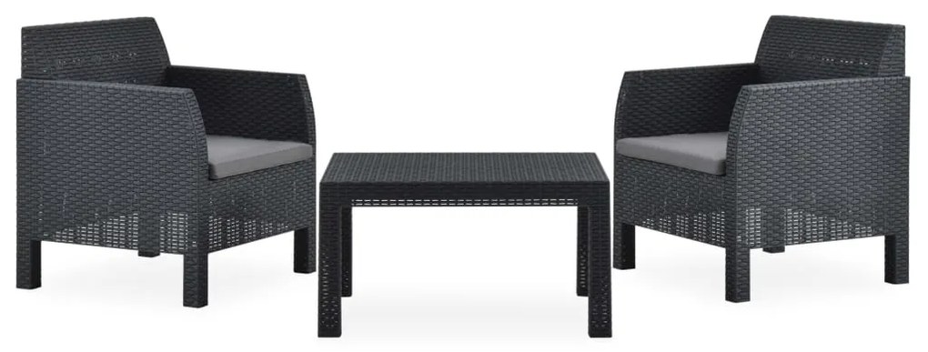 vidaXL 3 pcs conjunto lounge jardim com almofadões vime PP antracite