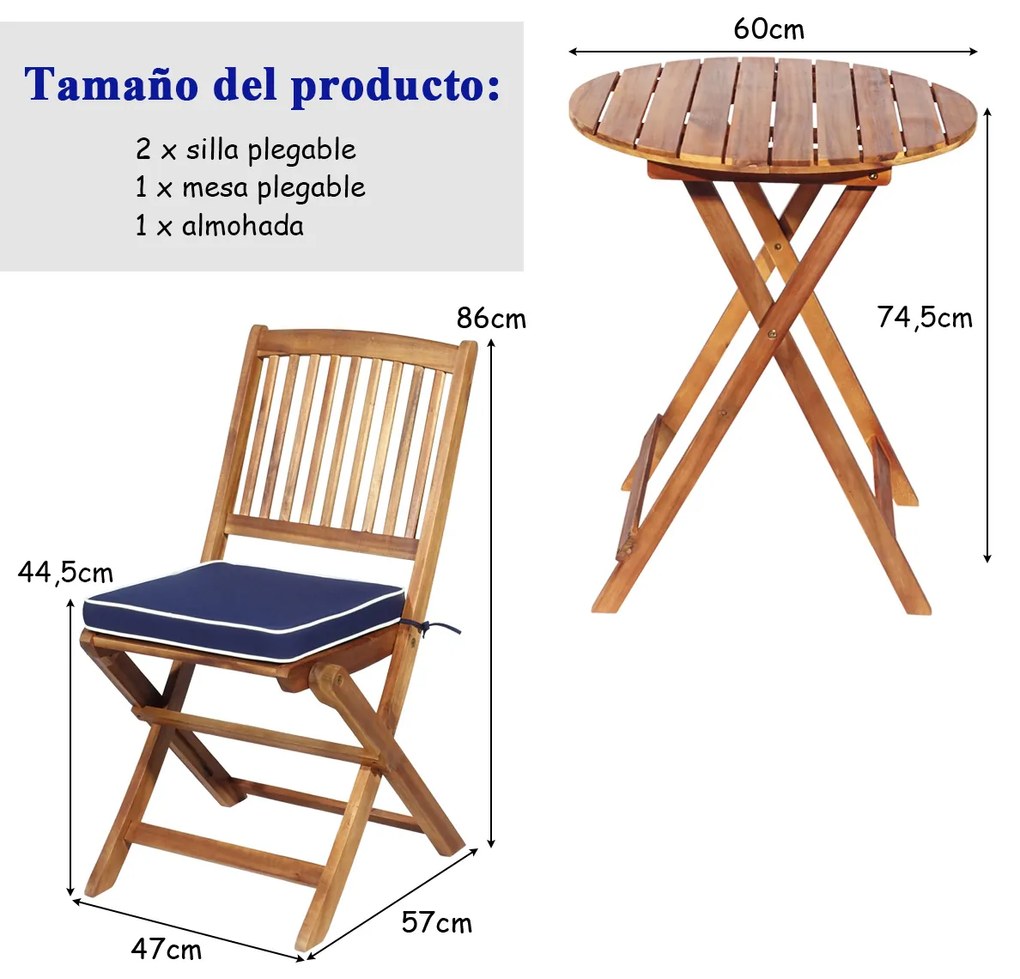 Conjunto 5 Peças Móveis Bistro de Madeira 2 Cadeiras com Almofada Mesa de Madeira de Acácia Mesa de Exterior Dobrável para Terraço Jardim Piscina Azul
