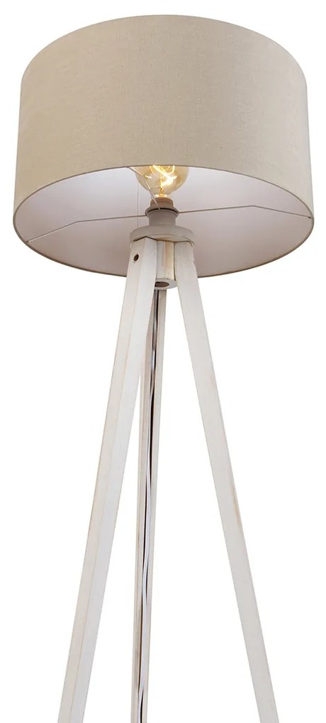 Candeeiro de pé tripé branco com abajur de tecido castanho claro 50cm - Tripod Classic Rústico ,Moderno