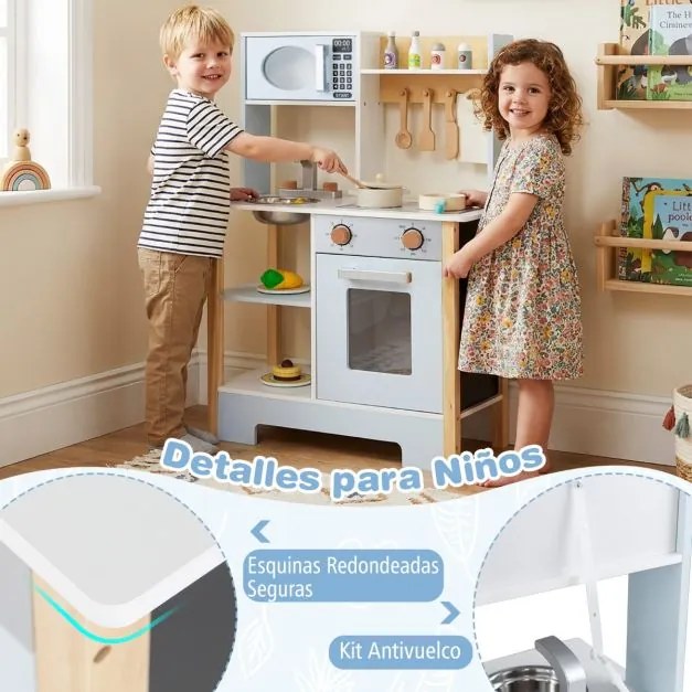 Cozinha de brincar para crianças 61 x 26 x 85 cm em madeira com quadro negro Micro-ondas Fogão Escorredor Torneira e pia para maiores de 3 anos Azul