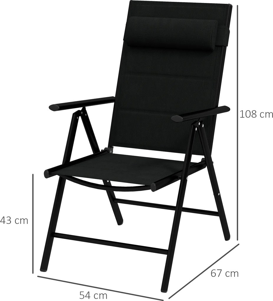 Conjunto de 2 cadeiras dobráveis de jardim com apoio para a cabeça, braços e estrutura em alumínio 54 x 67 x 108 cm, pretas