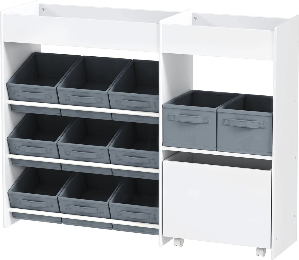 Estante para brinquedos infantis e livros 105 x 30 x 80 cm, com 11 caixas de arrumação em tecido não tecido, branca e cinza